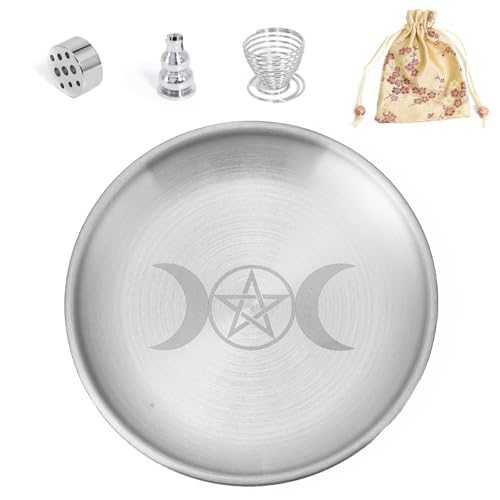 BEYLAB Triple Goddess Brass 5 en 1 Porta-inciensos con Bolsa de Almacenamiento Cuenco Incienso de 14 cm para Cualquier, Varillas Incienso, Soporte Palo Santo, Salvia Blanca, Conos Incienso - Plata