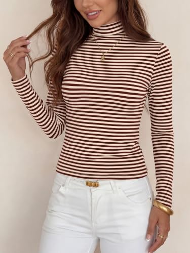 BTFBM Long Sleeve Shirts for Women Turtleneck Striped Shirt,S,Brown - image 2