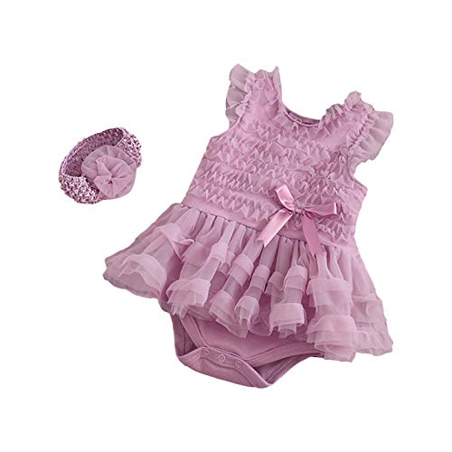 Newborn Baby Girl Lace Rompers Adorable Tulle Bodysuits Romper Dress Toddler Girl Summer Clothes+Headband (Light Purple, 0-3 months)