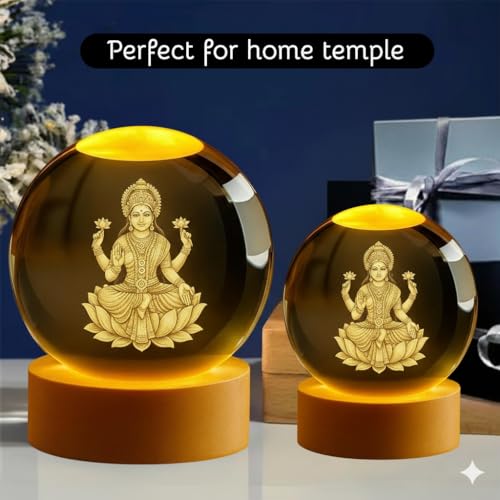 Image of COVACURE 3D Lakshmi Devi Idol Crystal Ball Night Lamp Creative Engraved 2.4 Inch Glass Ball Goddess Laxmi MATA Murti Crystal Ball Night Light, USB Table LED Wooden Glass Ball for Home, Office