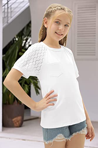 Image of Girls Summer Short Sleeve Shirts Lace Casual Cute Crew Neck Solid Color Blouses Tops Sizes 6-15 Years