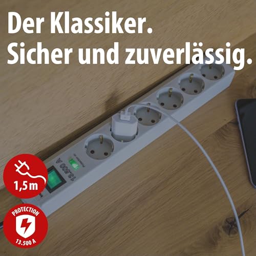 Brennenstuhl Eco-Line Steckdosenleiste 6-Fach mit Überspannungsschutz (Mehrfachsteckdose mit erhöhtem Berührungsschutz, Schalter und 1,5m Kabel) grau – Bild 3