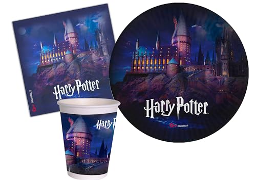 Kit Party Tavola Harry Potter Hogwarts Castle per 24 persone (88 pezzi: 24 piatti Ø23cm, 24 bicchieri 250ml, 40 tovaglioli 33x33cm) in carta compostabile eco-friendly