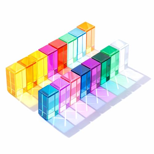 Image of Meooeck 16 Pcs Rainbow Rectangular Acrylic Blocks, Translucent Colored Gem Blocks Building Stacking Sensory Train Prims Toys for Toddler Kids Montessori School Classroom Supplies