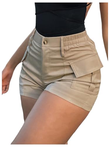 WDIRARA Women's High Waist Button Streetwear Cargo Shorts with Pockets Khaki Solid Medium
