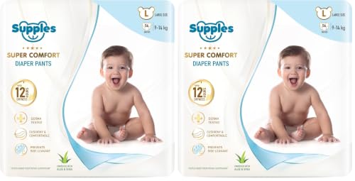 Image of Amazon Brand - Supples Super Comfort Baby Diaper Pants | Large (9-14 kg), 56 Count | Dermatologically tested, Ultra-Thin, Soft & Breathable | Wetness Indicator, Anti-Leak, All-Night Absorbency