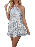 hibshaby Women's Sequin Sparkly Glitter Dress Halter Neck Sexy Sleeveless Backless Party Club Silver Mini Dresses