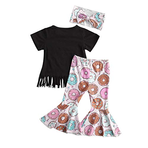 1-6T Kids Toddler Girl Short Sleeve Tassel T-Shirt Tops Sunflower Flared Pants Summer Outfits Set (Black+Donuts, 1-2T)