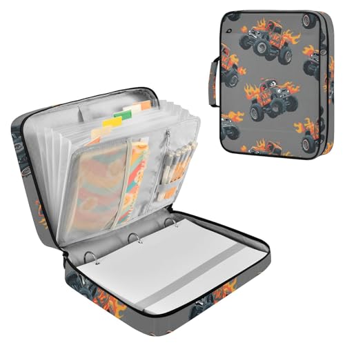 Caikeny Zipper Binder Bag with Handle Fire Monstee Truck Pattern 1.5 Inch Binders 3 Ring 500 Sheet6 Tab Expanding File Folder for School Office
