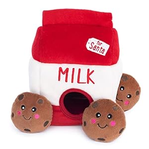 ZippyPaws Burrow Christmas Dog Toy – Plush Squeaky Holiday Dog Gifts for Small & Medium Puppy Dogs, Interactive Hide & Seek Stocking Stuffers for Pets – Santa’s Milk & Cookies