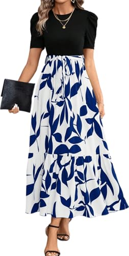 Image of PerZeal Women's Casual Summer Crewneck A Line Short Sleeve Print Flowy Boho Long Maxi Dress with Belt