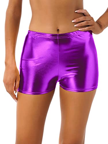 Jowowha Pantalones cortos para mujer, aspecto mojado, metálicos, calzoncillos, glossy polainas, pantalones cortos, hipster panty rave, fiesta, clubwear, Aa Purple, Talla única