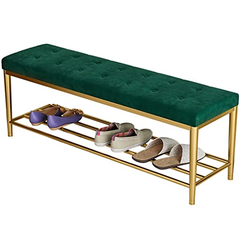 Banco de zapatos de metal con asiento de entrada tapizado, estante de baño, color verde. Dimensiones: 100 x 25 x 45 cm. Elegante solución de almacenamiento para el hogar.