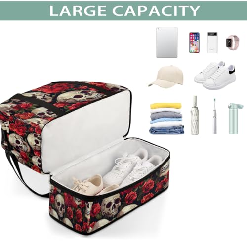 Foldable Carry On Bag for Travel, Expandable Duffle Bag with Shoe Compartment, Skull Red Rose Lightweight Sports Gym Tote with Trolley Sleeve4
