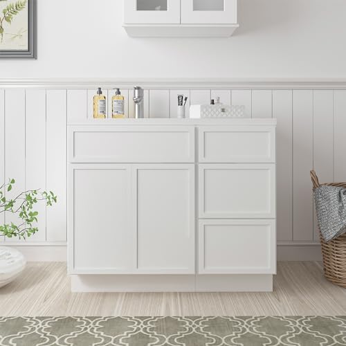 Vanity Art 39 Inch Unassembled Bathroom Vanity Without Top, Wood Bathroom Vanity Cabinet with Soft Closing Shaker Drawer, Sturdy Floor Mounted Cabinet Organizer 2-Door 3-Drawer, VA4139-24-15-3W