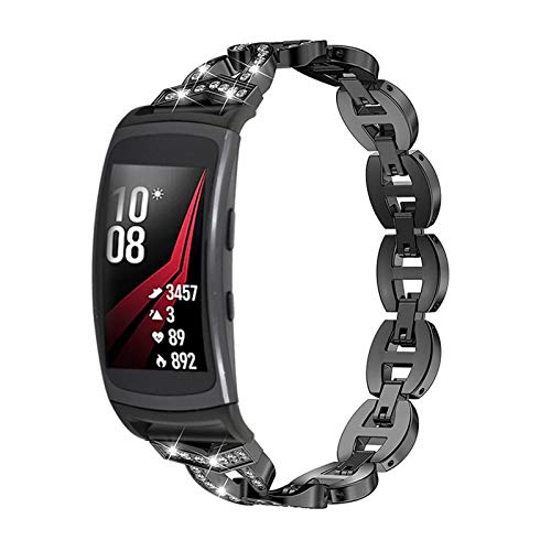 TechCode Gear Fit 2 Metal Accessories Strap, Fashion Rhinestone Replacement Strap Stainless Steel Wristband Metal Bracelet Adjustable Watchband for Samsung Gear Fit 2/Fit 2 Pro SM-R360/R365 (Black)