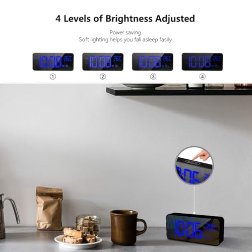 Image of Digital Alarm Clock with LED Display, Portable Mirror Alarm Clock with Double Alarm Snooze Time 4 Levels of Brightness Adjustable Dimmer 10 Music Charging Port