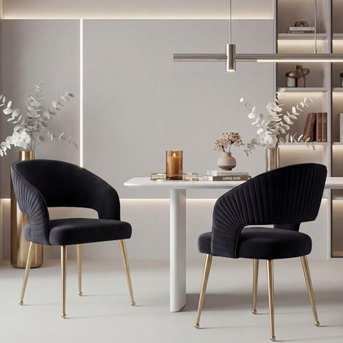 younturn Modern Velvet Upholstered Dining Chairs Set of 2, Comfortable Padded Kitchen Chairs with Armrests, Curved Back and Gold Metal Legs for Dining Room, Kitchen, Living Room, Black