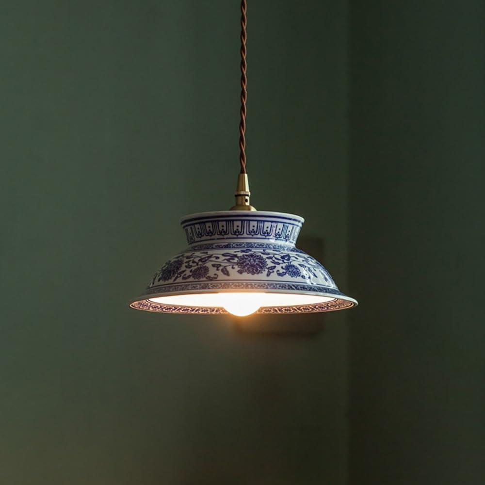 COSRUB Vintage Ceramic Pendant Light Fixture, Small Blue and White Porcelain Chandelier Chinese Hand Painted Flower Bowl Hanging Lamp for Bedroom Reading Nook(20.5cm/8.07in)