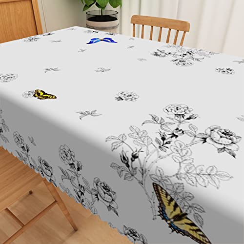 Uiiooazy White Rose Floral Table Cloth For Kitchen Dining Parties Butterfly Leaves Home Decor Spill Proof Dust-Proof Wrinkle Resistant Rectangle Fabric Table Cloths 60X102 Inches #TOP4