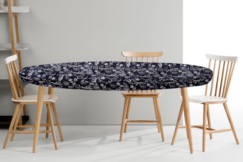 Image of The Furnishing Tree Elastic Oval Dining Table Cover WxL 36x52 in Inches Polyester Self Pattern Blue
