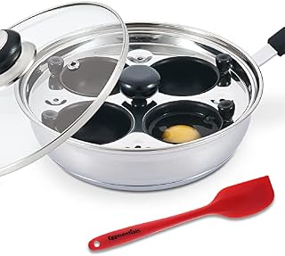 Eggssentials Poached Egg Maker - Nonstick 4 Egg Poaching Cups - Stainless Steel Egg Poacher Pan FDA Certified Food Grade Safe PFOA Free with Bonus Spatula