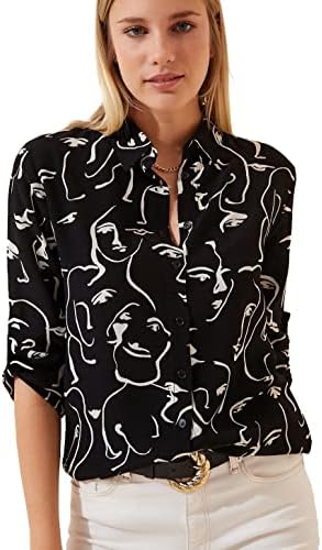 Blouses for Women Fashion, Casual Long Sleeve Button Down Shirts Tops, XS-3XL (Face Black, XX-Large)
