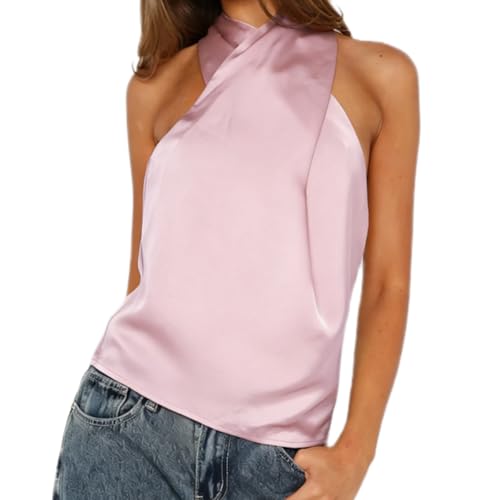 BABWWNIX Satin Silk Halter Tank Tops for Women Sexy Crisscross Wrap Sleeveless Summer Going Out Camisole Vest Crop Top Shirt (Pink, S)