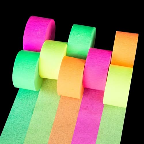 MAQIHAN 656feet Neon Streamers - 8 Rolls Black Light Reactive Fluorescent Crepe Paper Streamers Neon Party Decorations Glow in The Dark Party Supplies for 80 90s Glow Parties Birthday Helloween Decor