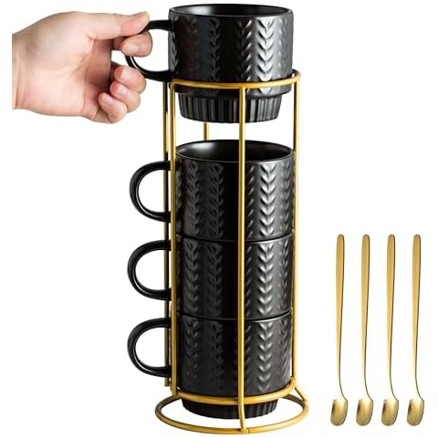 Miamolo Stackable Coffee Mug Set with Spoons Cover