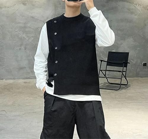 Men's Sleeveless Knitted Vest Crewneck Button Down Loose Fit Streetwear Sweater Waistcoat3