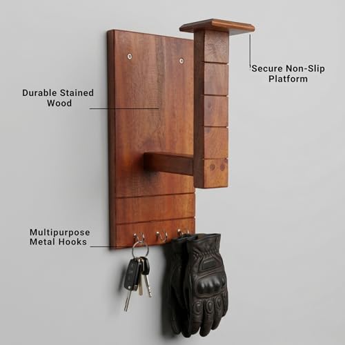 Image of Handcrafted Wooden Helmet Stand Wall Mount with Hooks - Motorcycle & Bike Helmet Holder, Wall Mounted Helmet Rack Organizer for Keys & Gloves, Space Saving Wooden Helmet Hanger for Home Garage