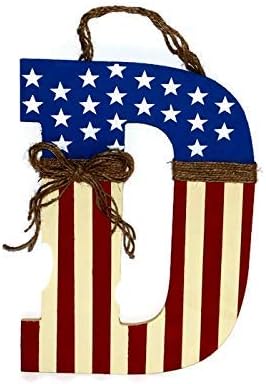 Patriotic American Flag Initial Letter Monogram Door Wreath Hanger Americana Primitive 4th of July Fourth Red white Blue Stars Stripes Prim