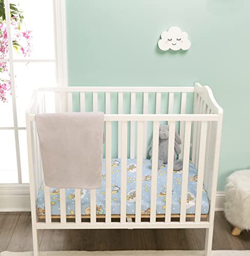Image of 2 Pack n Play Mattress Sheets - 100% Jersey Knit Cotton Soft Portable Crib Mattress Sheet for Boys with Blue and Yellow Precious Moments Design; 2 Pk Playpen Mattress or Mini Crib Fitted Sheet Set