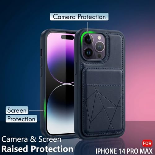 Image of amazon basics Premium Vegan Leather Back Cover with Card Holder and Integrated Mobile Stand for iPhone 14 Pro Max - Slim Shockproof Wallet Case with Geometric Stitching [Blue]