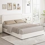 Full Size Bed Frame, Upholstered Platform Bed with Curved Headboard, Classic Color-Block Design, Soft Rounded Corners, No Box Spring Required, Easy Assembly, White