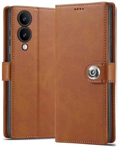 Image of Bintage Vivo V2315 / Y28 5G / Y17s Flip Cover Full Protection Imported TPU Wallet Button Magnetic Book Leather Flip Cover for Vivo Y28 5G - Tan Brown