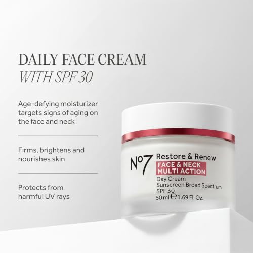 No7 Restore & Renew Multi Action Face & Neck Cream - Anti Aging Face Moisturizer with SPF 30 - Helps to Firm & Hydrate Crepey Skin - Formulated with Hyaluronic Acid, Peptides & Ceramides (1.69 Oz)