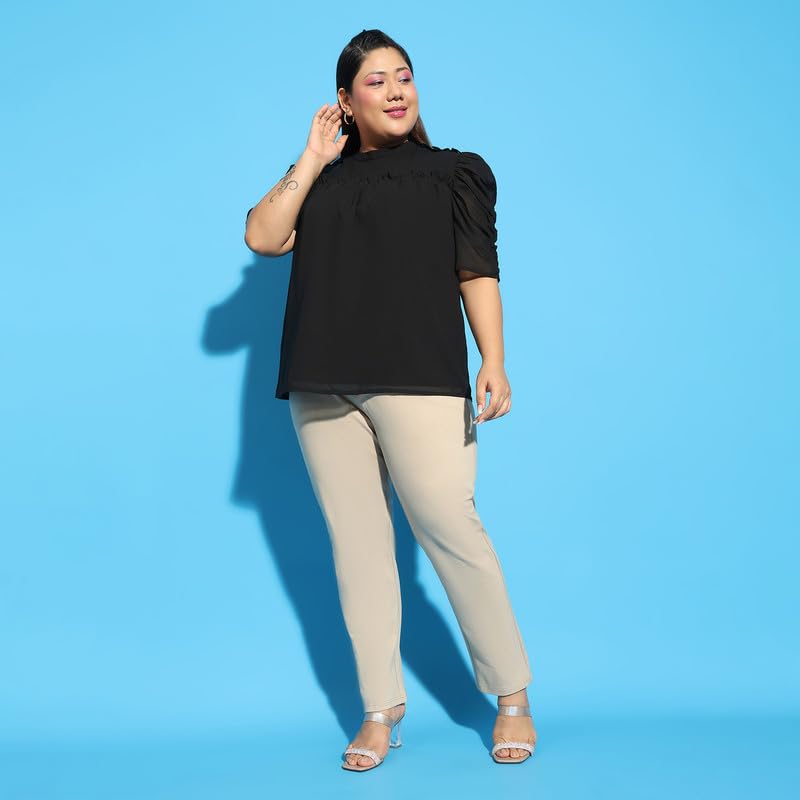 Image of oxolloxo Women Plus Size Round Neck Short Sleeve with Gather Pleates Ruffle Detail Top