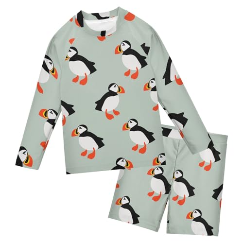 Aflyko Kids' Bathing Suit Set Puffin Bird Cute Long Sleeve Swim Tops with Shorts Summer Vacation Pool Party Rashguard Fun Cute Infant Beachwear, 4T Multicoloured
