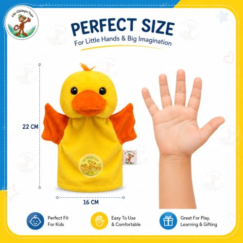 Image of Duck Hand Puppet for Kids | Soft Plush Animal Puppet | Educational Storytelling Toy | Interactive Role Play | Preschool Learning | Gift for Boys & Girls