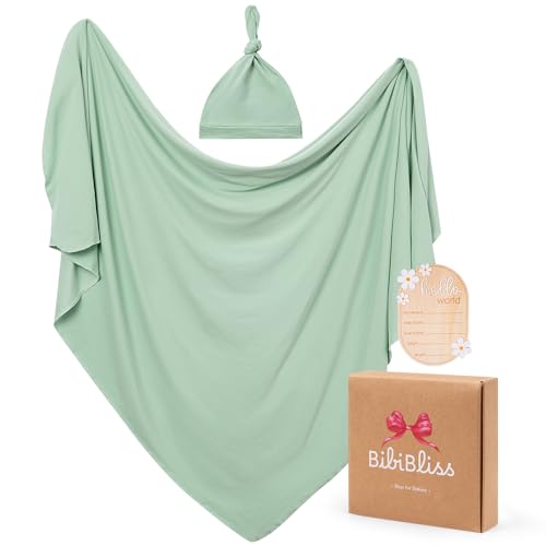 Image of Stretchy Swaddle Blanket for Newborns with Hat & Hello World Card-Soft Baby Swaddles 0-3 Months,47 inchx 47 inchSupersoft Swaddle Blanket,Receiving Blanket for Boys & Girls (Sage)