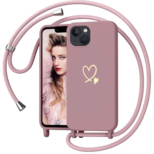 Yichxu Handyband für iPhone 13 Mini Hülle mit Band Herz Design Necklace Handyhülle zum Umhängen Kordel Stoßfest Schutzhülle mit Kette Weich TPU Liquid Silikon Case für iPhone 13 Mini Rosa