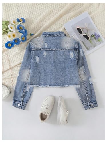 MakeMeChic Girl's Ripped Denim Jacket Long Sleeve Raw Hem Button Down Grunge Y2K Jean Coats2