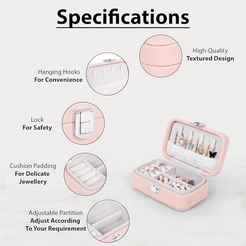 Image of BucketList PU Leather Jewellery Organizer Box with Ring Slots & Necklace Hooks | Compact Jewelry Storage Case with Secure Lock (Travel Jewellery Box Rectangular (Pink))
