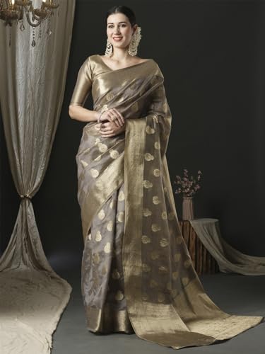 AKHILAM Women's Organza Ethnic Motif Woven Design Saree With Unstitched Blouse Piece(UNATI3001_AC_Parent)