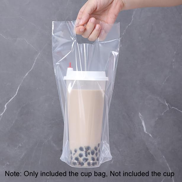 100 Pcs Disposable Clear Plastic Single Cup Drinking Bags Clear Milk Tea Packaging Bag Coffee Packaging Bag Drink Carrier Bag with Handles for Milk Tea Coffee Juice Beverage, 6.8
