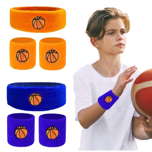 Paquete de 6 bandas para el cabello deportivas para niños, juego de bandas para el sudor, juego de muñequeras deportivas, muñequeras de tela de rizo, muñequeras para fitness, muñequeras de algodón