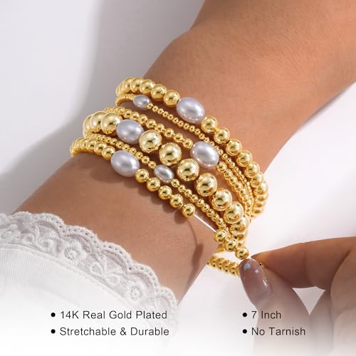 M MOOHAM Gold Beaded Bracelets for Women - 14k Real Gold Plated Beaded Pearl Bracelet Set Stack for Women Trendy Non Tarnisn, Adjustable Stretch Bracelet Jewelry Gifts for Teen Girls Women 6