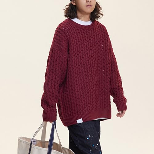 Pull tricoté pour hommes col rond rouge L à texture gaufrée premium